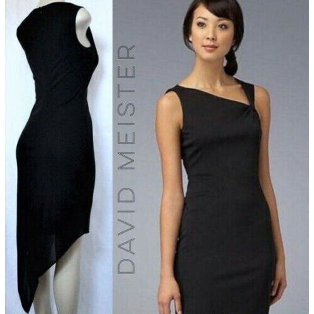 David Meister Cocktail Dress 12 Black Asymmetrical Hem Neckline Cocktail LBD